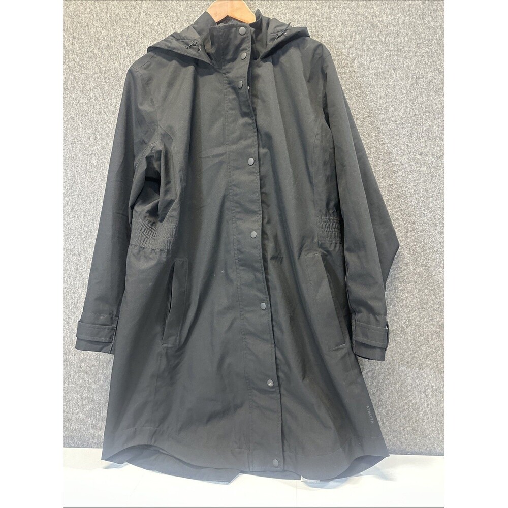 Athleta Rain Jacket Women XL Black Cinched Hooded Long Trench Coat Jacket